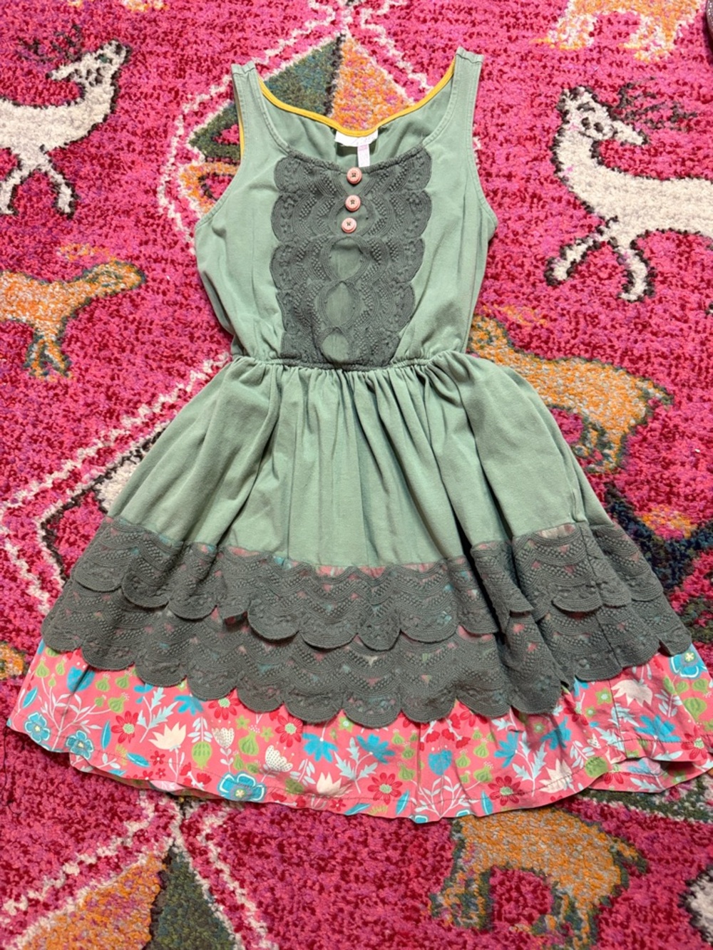 Matilda Jane Green Lace-Trim Dress with Pink Floral Hem